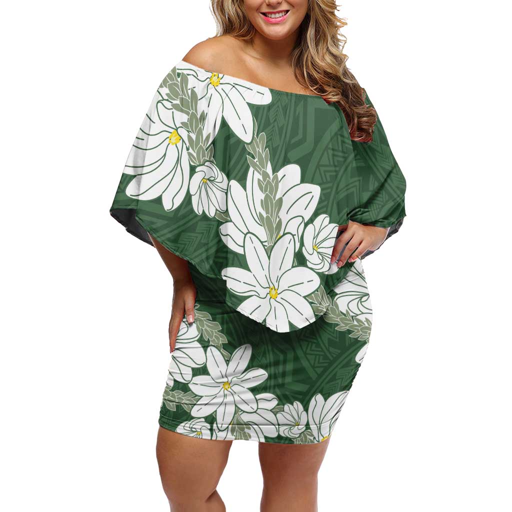Ia Orana Tahiti Tiare Family Matching Off Shoulder Short Dress and Hawaiian Shirt Sage Green Lei LT7 Mom's Dress Sage Green - Polynesian Pride