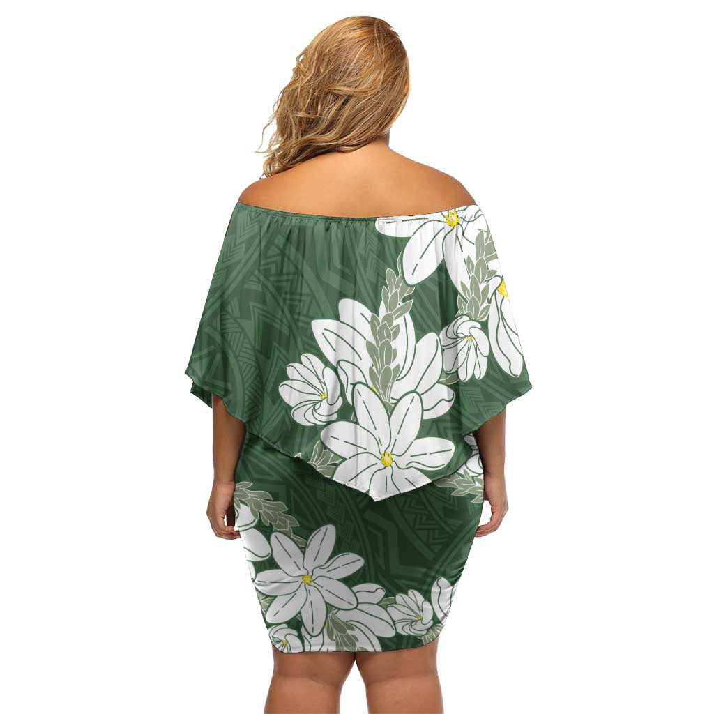 Ia Orana Tahiti Tiare Family Matching Off Shoulder Short Dress and Hawaiian Shirt Sage Green Lei LT7 - Polynesian Pride