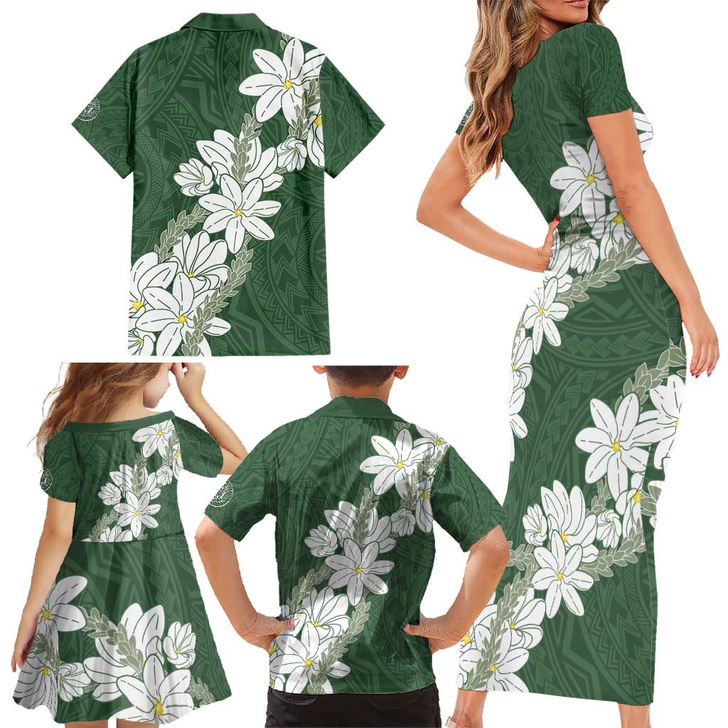 Ia Orana Tahiti Tiare Family Matching Short Sleeve Bodycon Dress and Hawaiian Shirt Sage Green Lei LT7 - Polynesian Pride