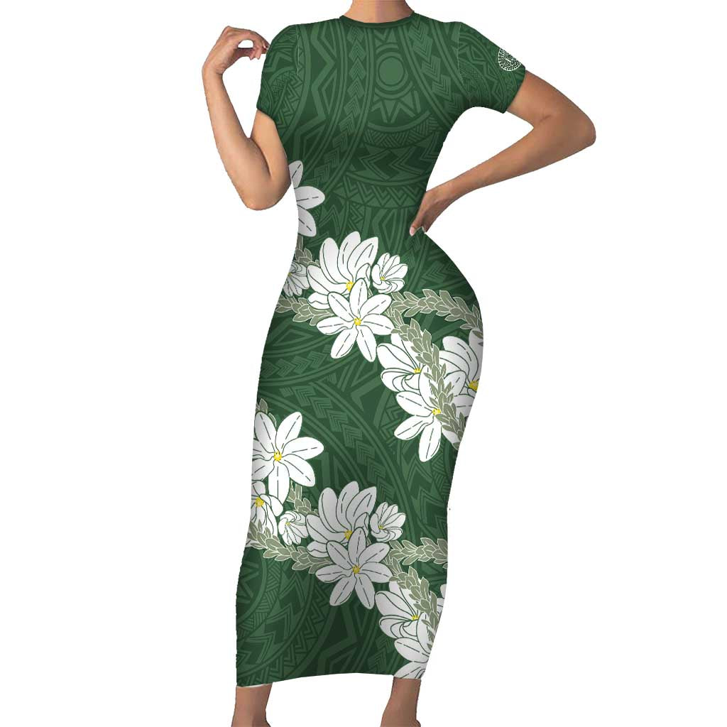 Ia Orana Tahiti Tiare Family Matching Short Sleeve Bodycon Dress and Hawaiian Shirt Sage Green Lei LT7 Mom's Dress Sage Green - Polynesian Pride