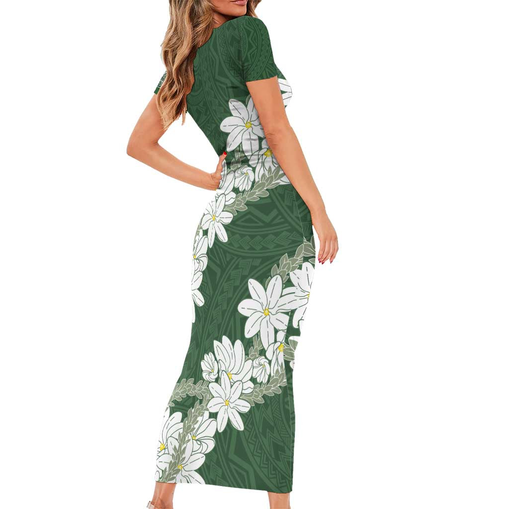 Ia Orana Tahiti Tiare Family Matching Short Sleeve Bodycon Dress and Hawaiian Shirt Sage Green Lei LT7 - Polynesian Pride