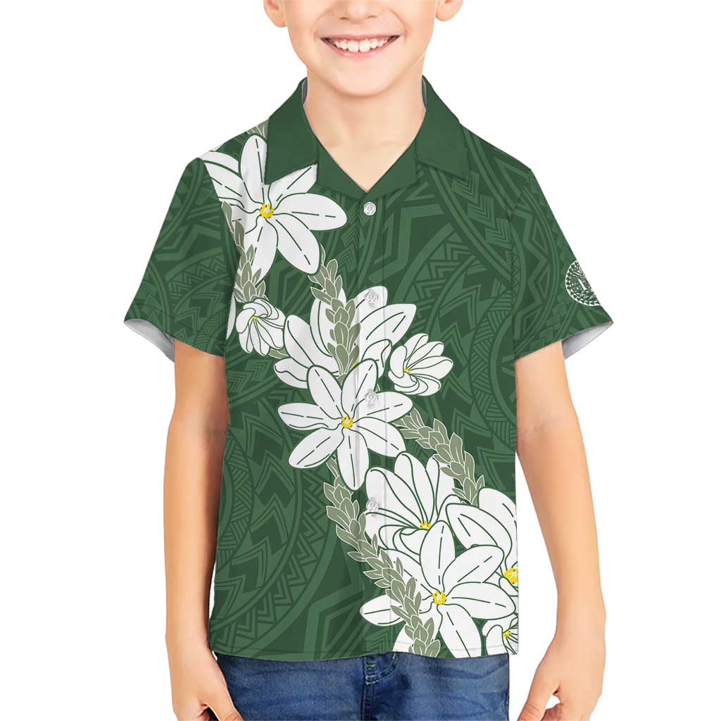 Ia Orana Tahiti Tiare Family Matching Short Sleeve Bodycon Dress and Hawaiian Shirt Sage Green Lei LT7 Son's Shirt Sage Green - Polynesian Pride