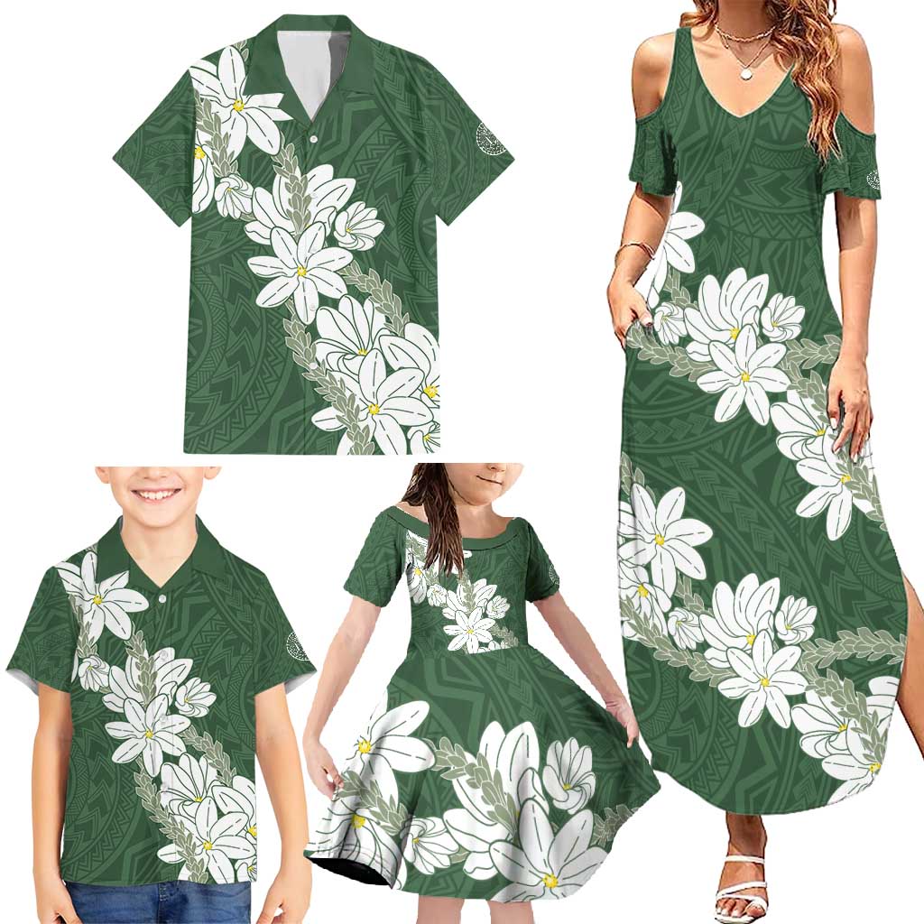 Ia Orana Tahiti Tiare Family Matching Summer Maxi Dress and Hawaiian Shirt Sage Green Lei LT7 - Polynesian Pride