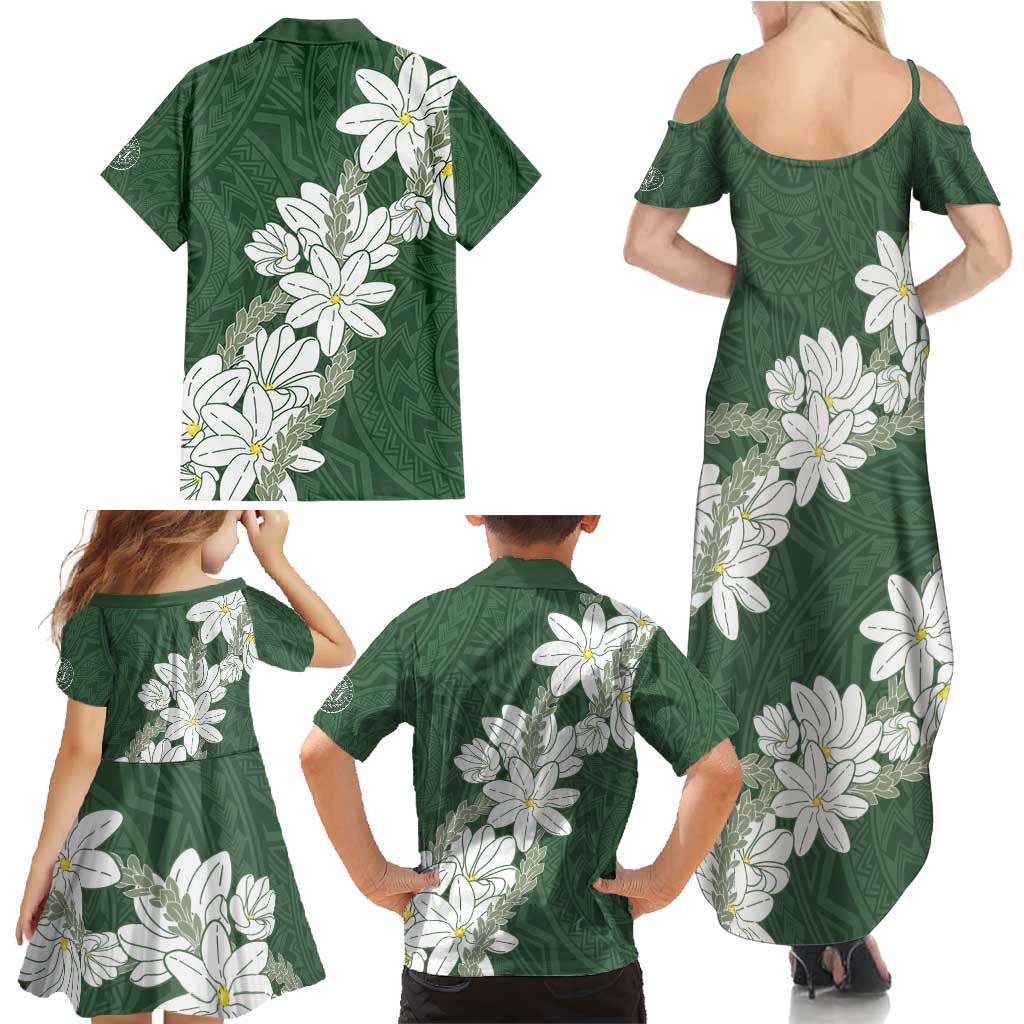 Ia Orana Tahiti Tiare Family Matching Summer Maxi Dress and Hawaiian Shirt Sage Green Lei LT7 - Polynesian Pride
