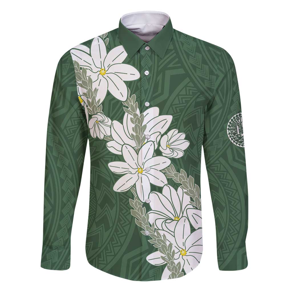 Ia Orana Tahiti Tiare Family Matching Summer Maxi Dress and Hawaiian Shirt Sage Green Lei LT7 Dad's Shirt - Long Sleeve Sage Green - Polynesian Pride