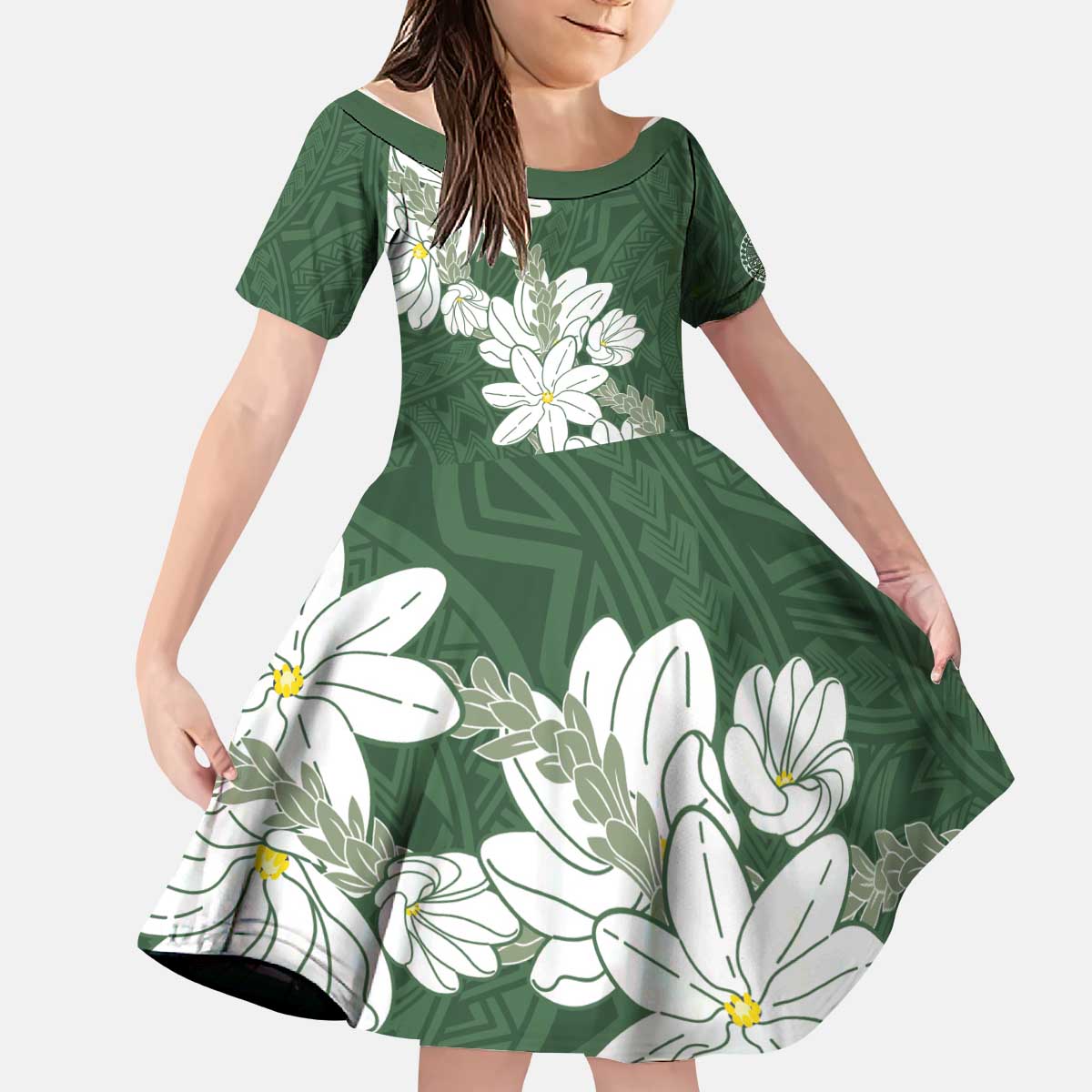 Ia Orana Tahiti Tiare Kid Short Sleeve Dress Sage Green Lei - Polynesian Pride