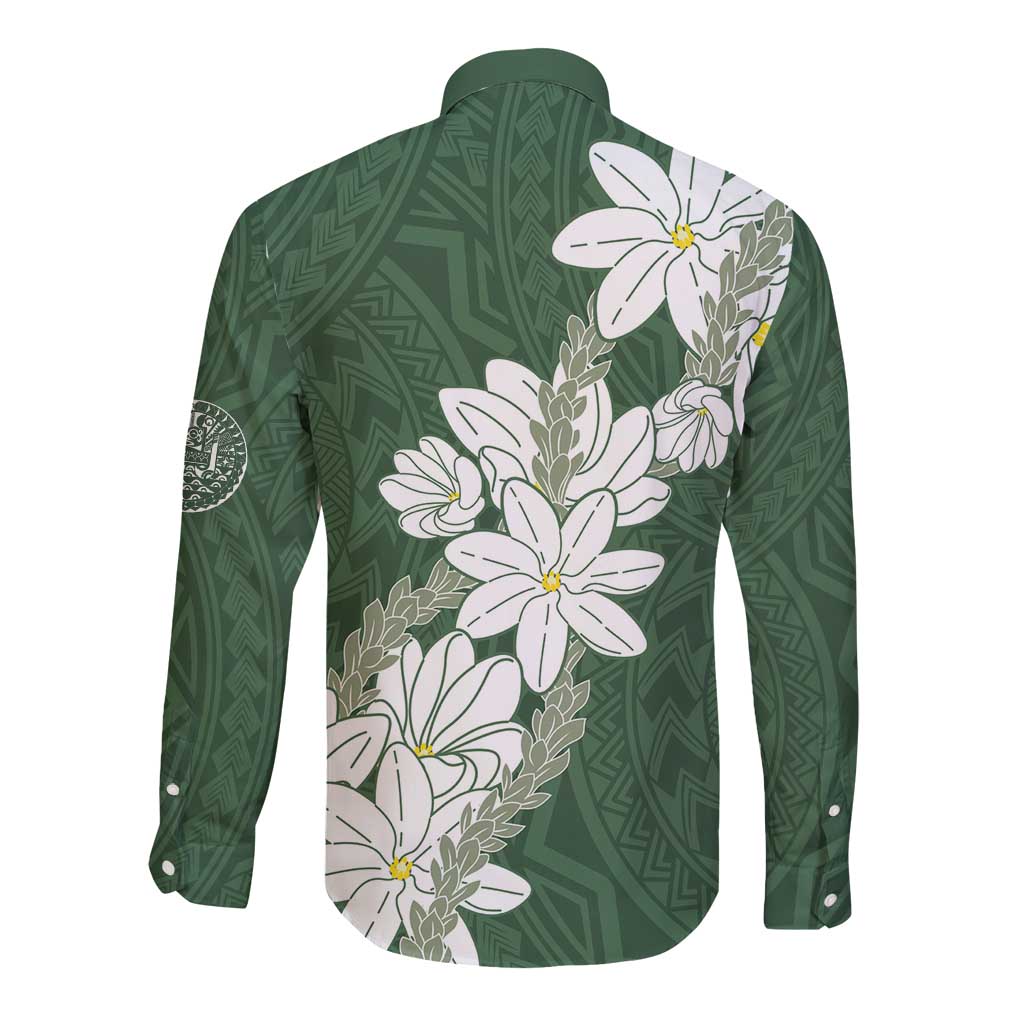Ia Orana Tahiti Tiare Long Sleeve Button Shirt Sage Green Lei - Polynesian Pride