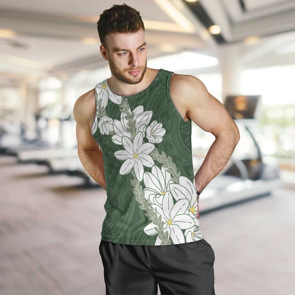 Ia Orana Tahiti Tiare Men Tank Top Sage Green Lei - Polynesian Pride