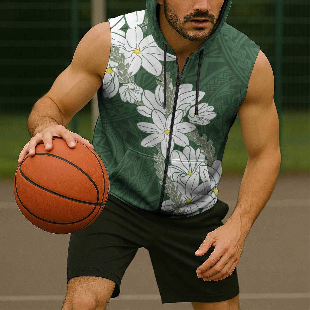 Ia Orana Tahiti Tiare Sleeveless Zip Hoodie Sage Green Lei - Polynesian Pride
