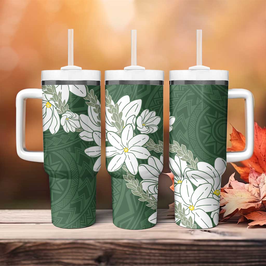 Ia Orana Tahiti Tiare Tumbler With Handle Sage Green Lei LT7 - Polynesian Pride