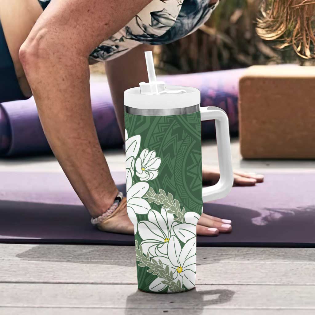 Ia Orana Tahiti Tiare Tumbler With Handle Sage Green Lei LT7 - Polynesian Pride