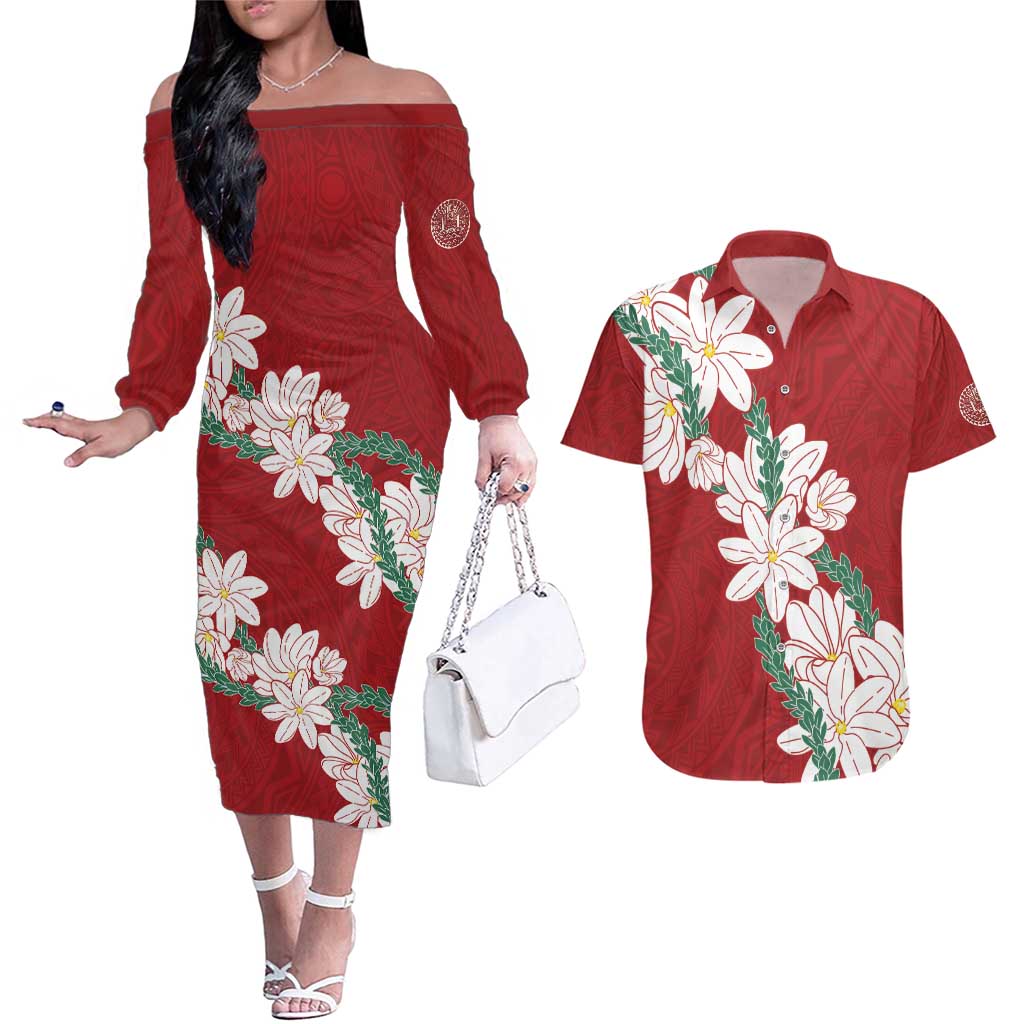 Ia Orana Tahiti Tiare Couples Matching Off The Shoulder Long Sleeve Dress and Hawaiian Shirt Crimson Lei - Polynesian Pride