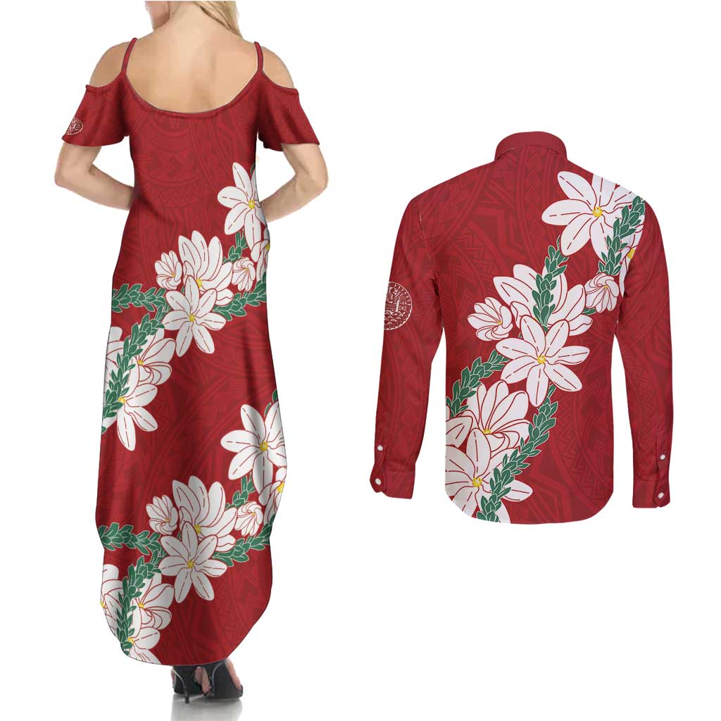 Ia Orana Tahiti Tiare Couples Matching Summer Maxi Dress and Long Sleeve Button Shirt Crimson Lei - Polynesian Pride