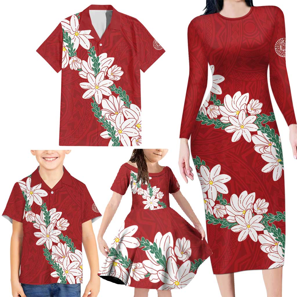 Ia Orana Tahiti Tiare Family Matching Long Sleeve Bodycon Dress and Hawaiian Shirt Crimson Lei LT7 - Polynesian Pride