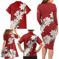 Ia Orana Tahiti Tiare Family Matching Long Sleeve Bodycon Dress and Hawaiian Shirt Crimson Lei LT7 - Polynesian Pride