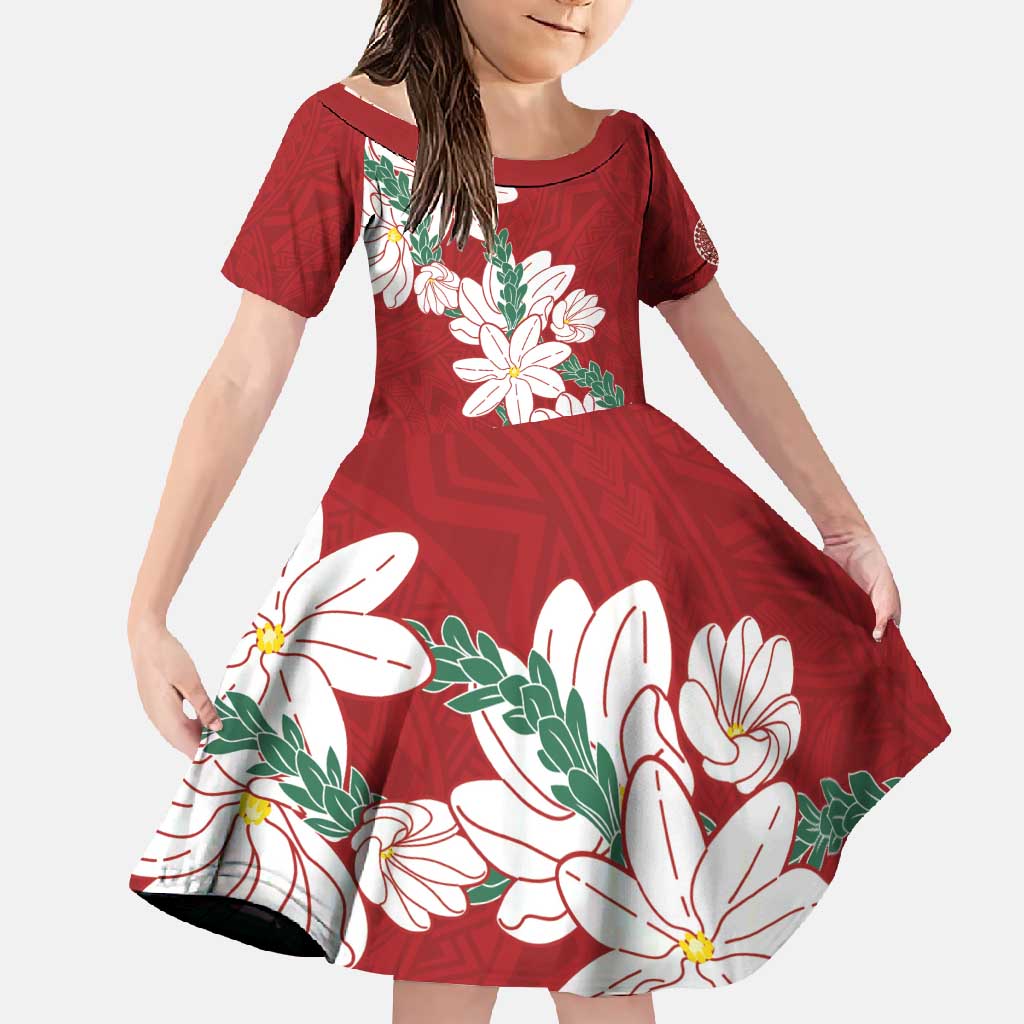 Ia Orana Tahiti Tiare Family Matching Mermaid Dress and Hawaiian Shirt Crimson Lei LT7 Daughter's Dress Red - Polynesian Pride