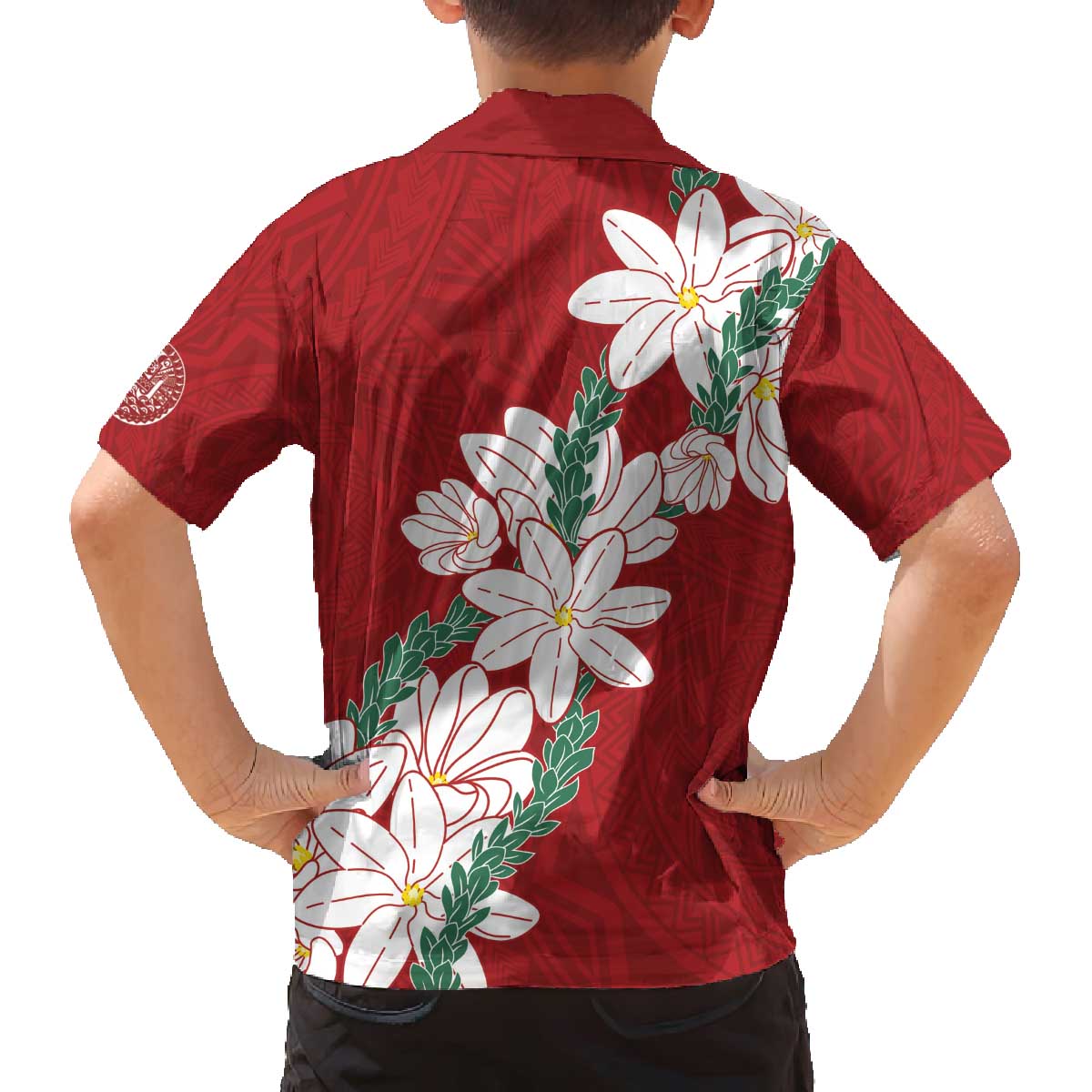Ia Orana Tahiti Tiare Family Matching Off The Shoulder Long Sleeve Dress and Hawaiian Shirt Crimson Lei LT7 - Polynesian Pride