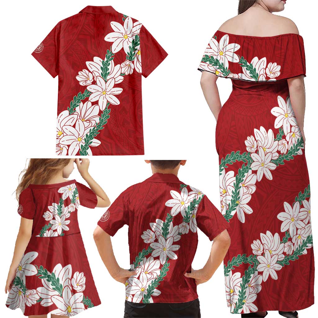 Ia Orana Tahiti Tiare Family Matching Off Shoulder Maxi Dress and Hawaiian Shirt Crimson Lei LT7 - Polynesian Pride