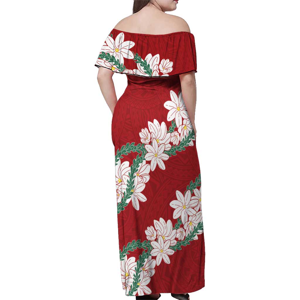 Ia Orana Tahiti Tiare Family Matching Off Shoulder Maxi Dress and Hawaiian Shirt Crimson Lei LT7 - Polynesian Pride