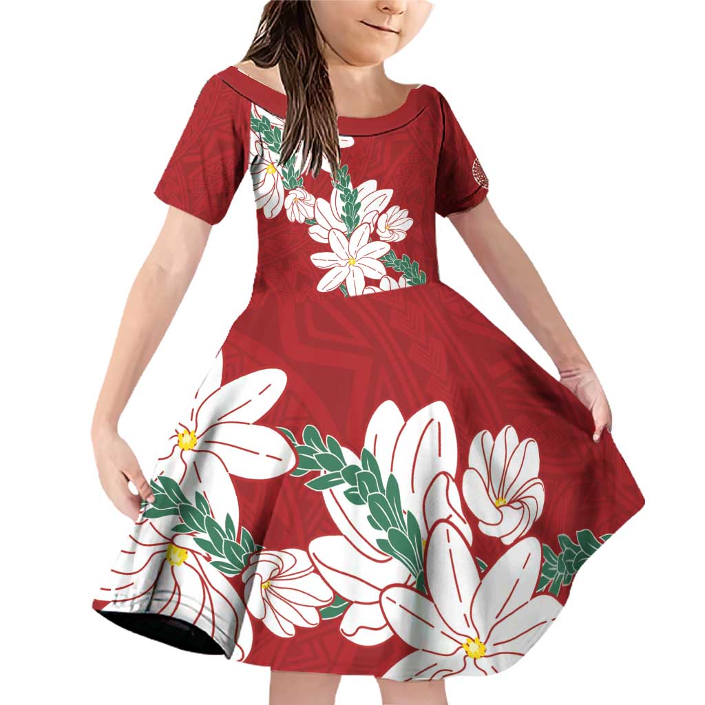 Ia Orana Tahiti Tiare Family Matching Off Shoulder Short Dress and Hawaiian Shirt Crimson Lei LT7 Daughter's Dress Red - Polynesian Pride