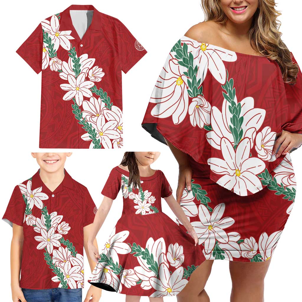 Ia Orana Tahiti Tiare Family Matching Off Shoulder Short Dress and Hawaiian Shirt Crimson Lei LT7 - Polynesian Pride