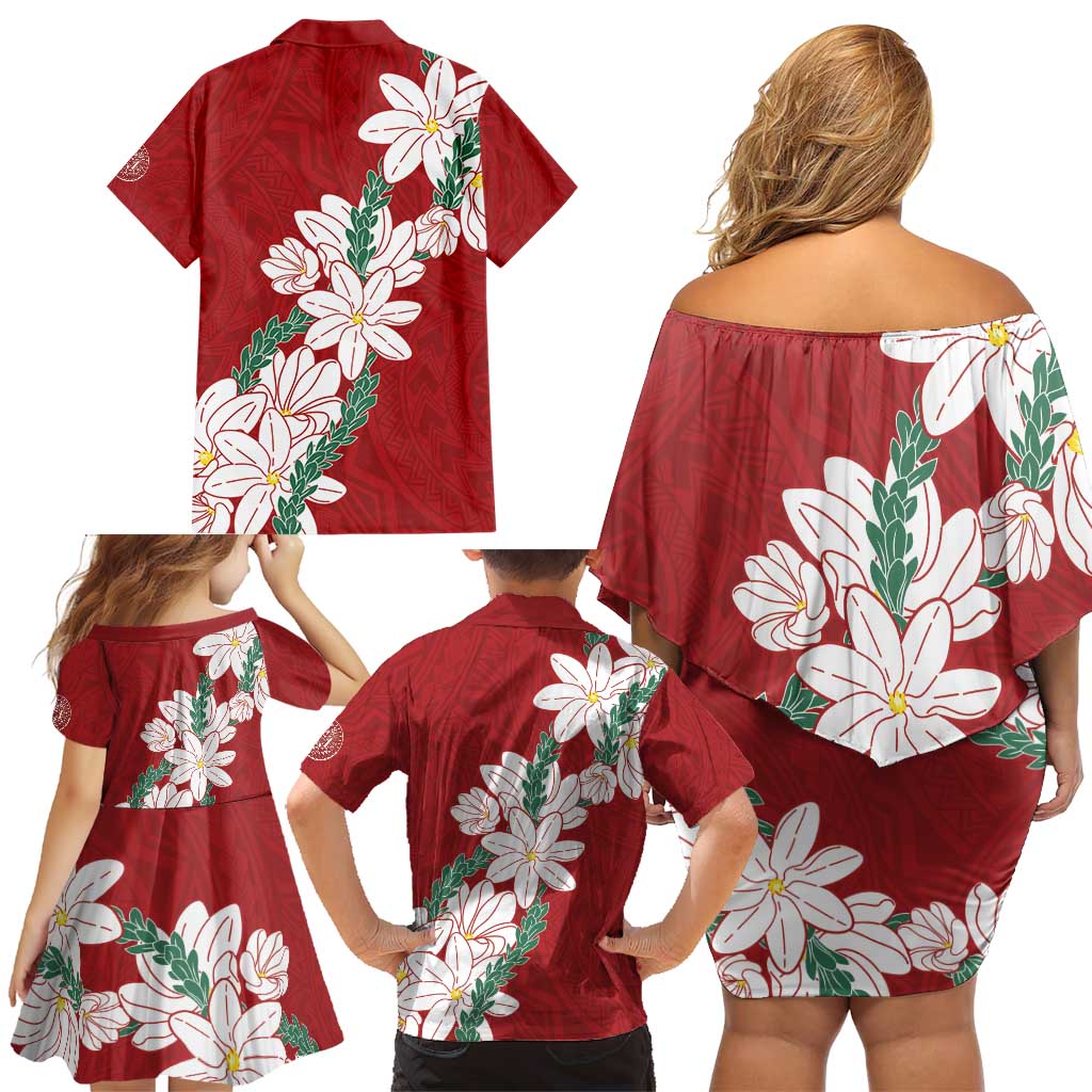 Ia Orana Tahiti Tiare Family Matching Off Shoulder Short Dress and Hawaiian Shirt Crimson Lei LT7 - Polynesian Pride