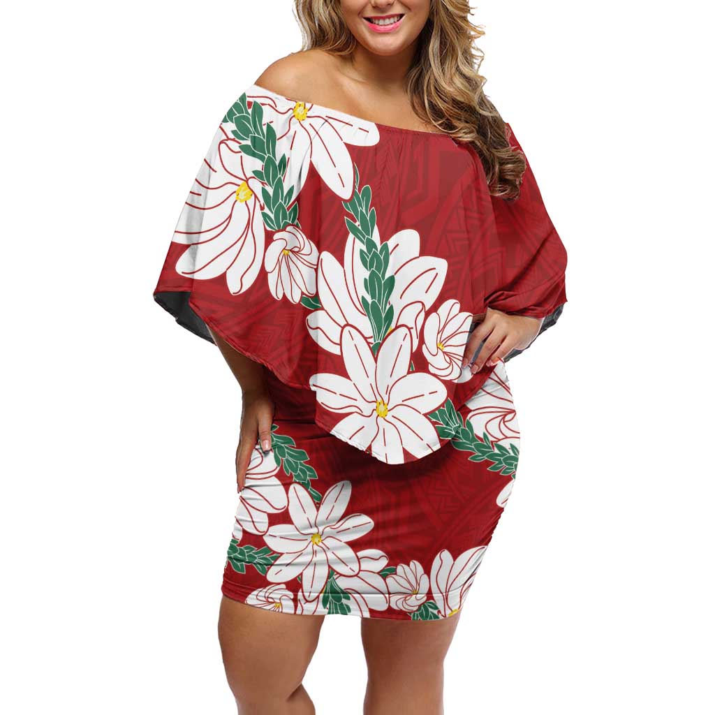 Ia Orana Tahiti Tiare Family Matching Off Shoulder Short Dress and Hawaiian Shirt Crimson Lei LT7 Mom's Dress Red - Polynesian Pride