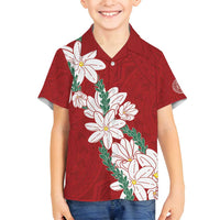 Ia Orana Tahiti Tiare Family Matching Off Shoulder Short Dress and Hawaiian Shirt Crimson Lei LT7 Son's Shirt Red - Polynesian Pride