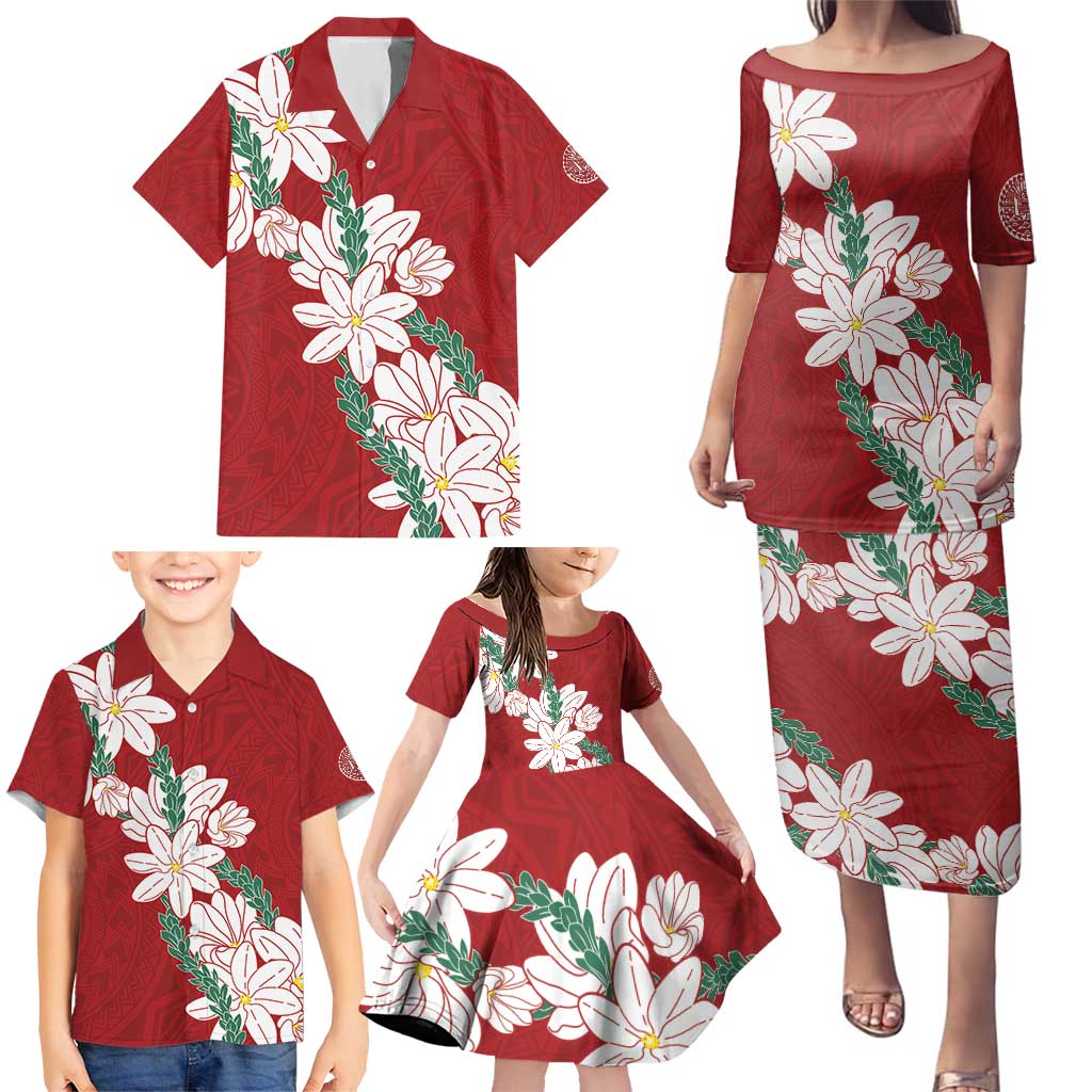 Ia Orana Tahiti Tiare Family Matching Puletasi and Hawaiian Shirt Crimson Lei LT7 - Polynesian Pride