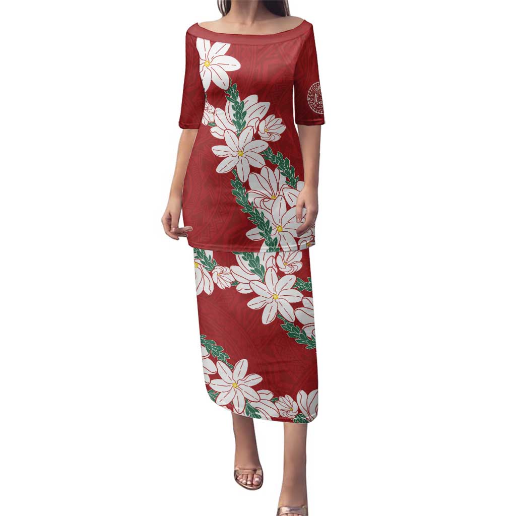 Ia Orana Tahiti Tiare Family Matching Puletasi and Hawaiian Shirt Crimson Lei LT7 Mom's Dress Red - Polynesian Pride