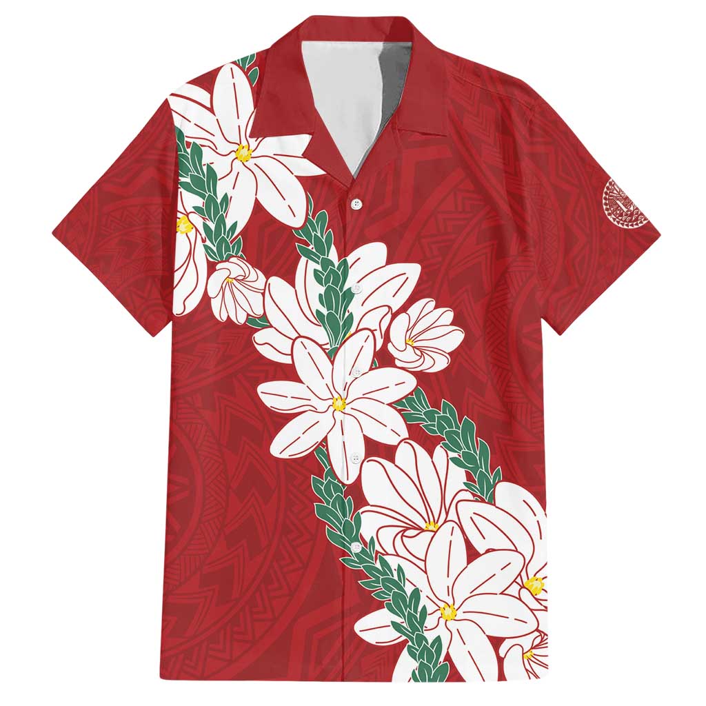 Ia Orana Tahiti Tiare Family Matching Short Sleeve Bodycon Dress and Hawaiian Shirt Crimson Lei LT7 Dad's Shirt - Short Sleeve Red - Polynesian Pride