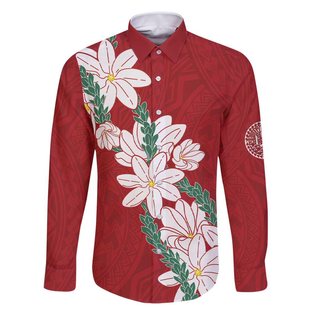 Ia Orana Tahiti Tiare Family Matching Short Sleeve Bodycon Dress and Hawaiian Shirt Crimson Lei LT7 Dad's Shirt - Long Sleeve Red - Polynesian Pride