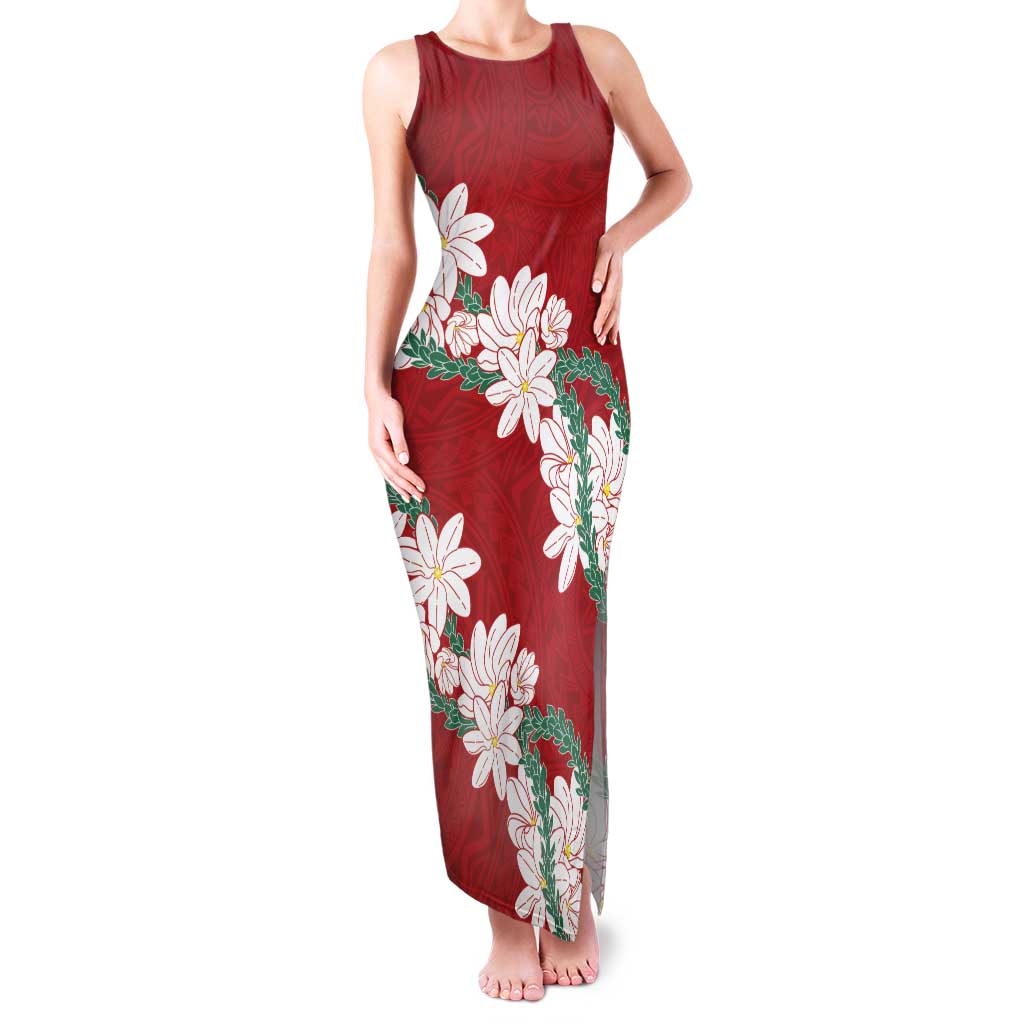 Ia Orana Tahiti Tiare Family Matching Tank Maxi Dress and Hawaiian Shirt Crimson Lei LT7 Mom's Dress Red - Polynesian Pride