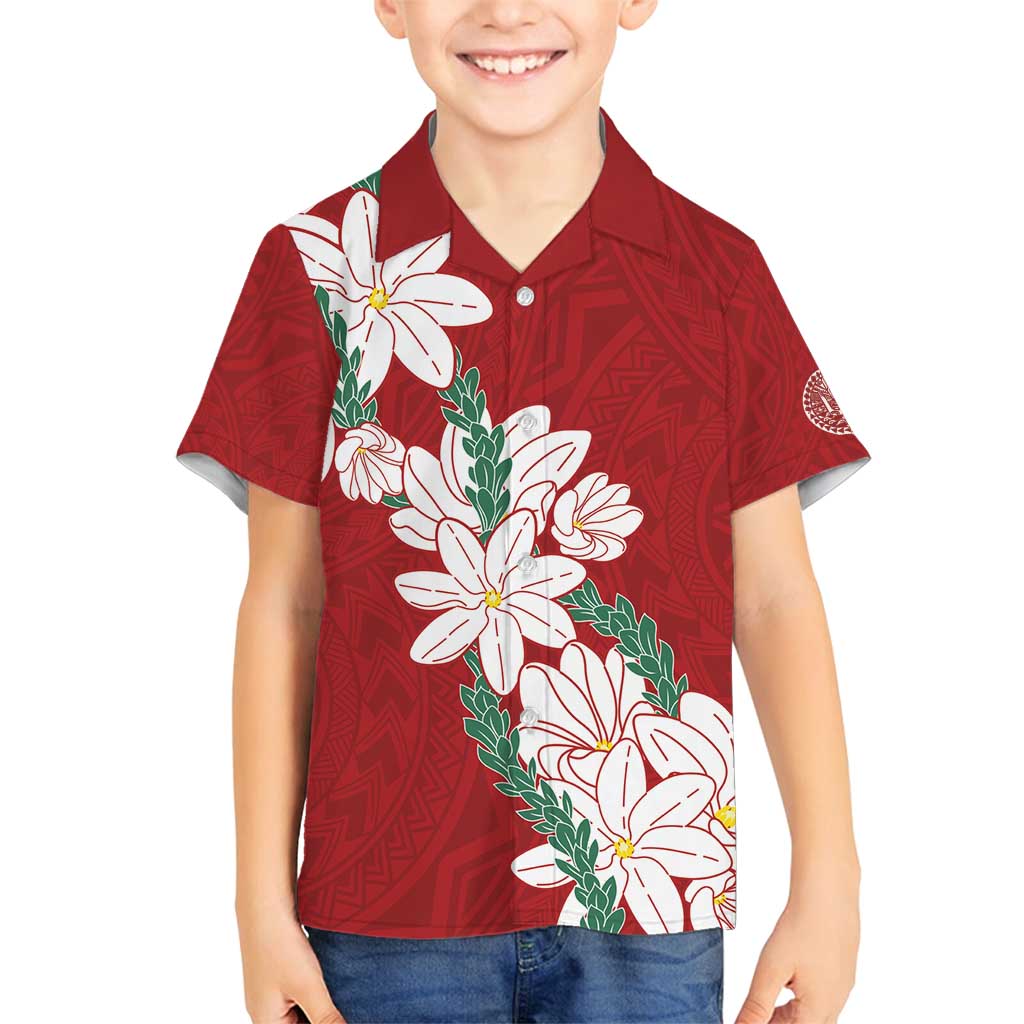 Ia Orana Tahiti Tiare Family Matching Tank Maxi Dress and Hawaiian Shirt Crimson Lei LT7 Son's Shirt Red - Polynesian Pride