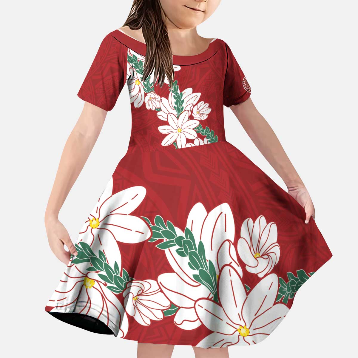 Ia Orana Tahiti Tiare Kid Short Sleeve Dress Crimson Lei - Polynesian Pride