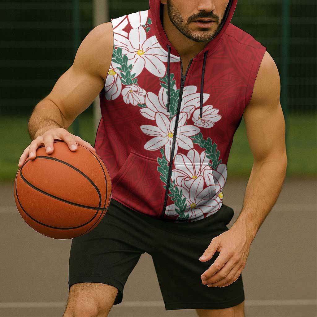 Ia Orana Tahiti Tiare Sleeveless Zip Hoodie Crimson Lei - Polynesian Pride