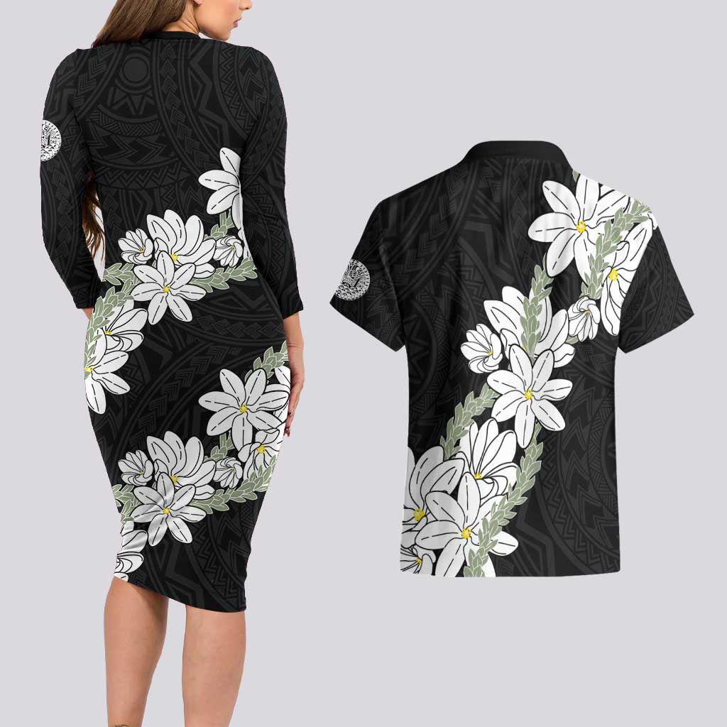 Ia Orana Tahiti Tiare Couples Matching Long Sleeve Bodycon Dress and Hawaiian Shirt Black Lei LT7 - Polynesian Pride