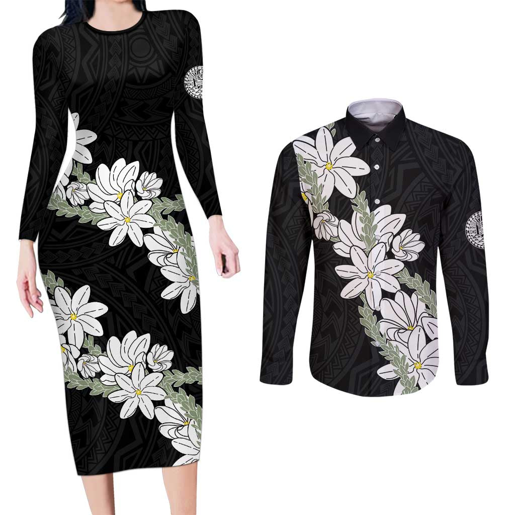 Ia Orana Tahiti Tiare Couples Matching Long Sleeve Bodycon Dress and Long Sleeve Button Shirt Black Lei - Polynesian Pride