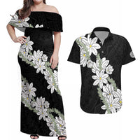 Ia Orana Tahiti Tiare Couples Matching Off Shoulder Maxi Dress and Hawaiian Shirt Black Lei LT7 Black - Polynesian Pride