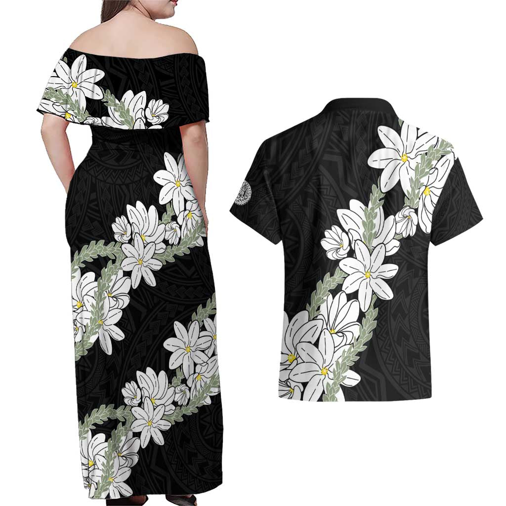 Ia Orana Tahiti Tiare Couples Matching Off Shoulder Maxi Dress and Hawaiian Shirt Black Lei LT7 - Polynesian Pride
