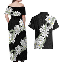 Ia Orana Tahiti Tiare Couples Matching Off Shoulder Maxi Dress and Hawaiian Shirt Black Lei LT7 - Polynesian Pride