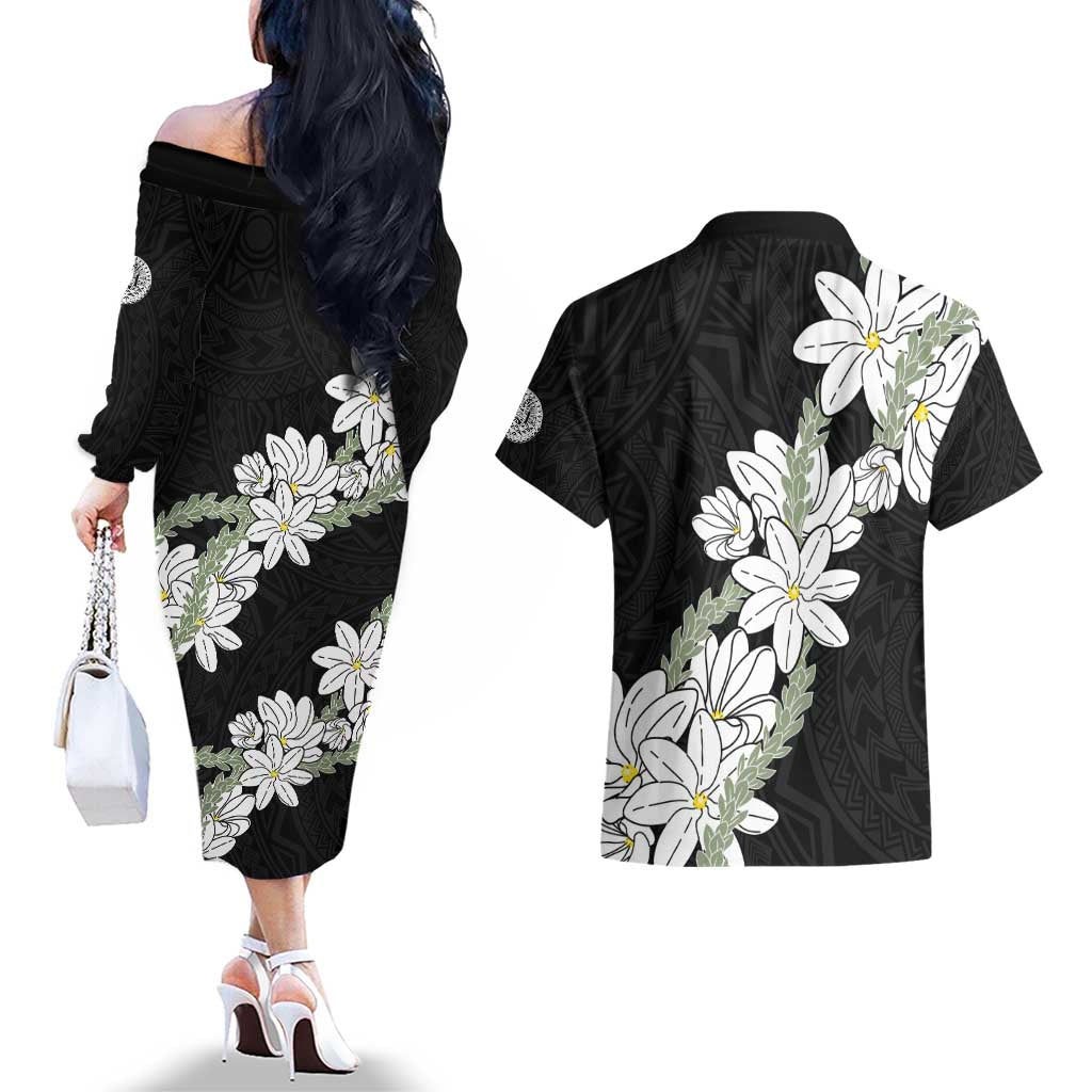 Ia Orana Tahiti Tiare Couples Matching Off The Shoulder Long Sleeve Dress and Hawaiian Shirt Black Lei LT7 - Polynesian Pride