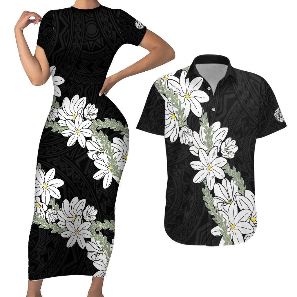 Ia Orana Tahiti Tiare Couples Matching Short Sleeve Bodycon Dress and Hawaiian Shirt Black Lei LT7 Black - Polynesian Pride