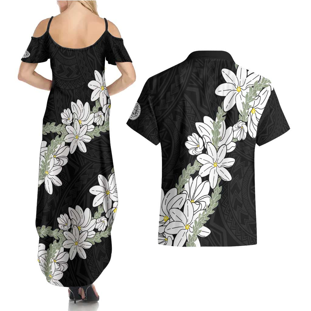 Ia Orana Tahiti Tiare Couples Matching Summer Maxi Dress and Hawaiian Shirt Black Lei LT7 - Polynesian Pride