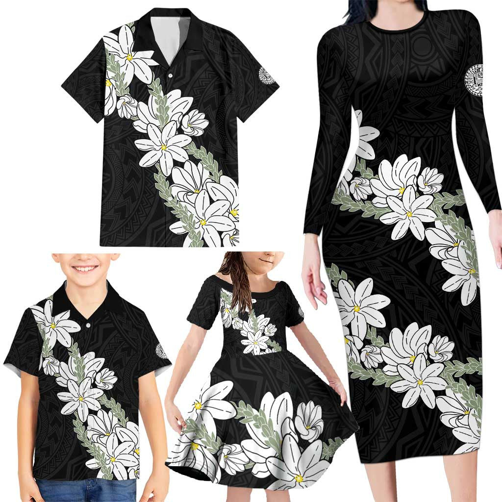 Ia Orana Tahiti Tiare Family Matching Long Sleeve Bodycon Dress and Hawaiian Shirt Black Lei LT7 - Polynesian Pride