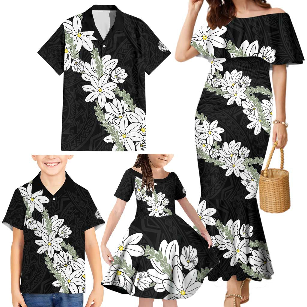 Ia Orana Tahiti Tiare Family Matching Mermaid Dress and Hawaiian Shirt Black Lei LT7 - Polynesian Pride