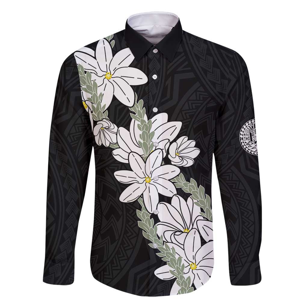 Ia Orana Tahiti Tiare Family Matching Mermaid Dress and Hawaiian Shirt Black Lei LT7 Dad's Shirt - Long Sleeve Black - Polynesian Pride