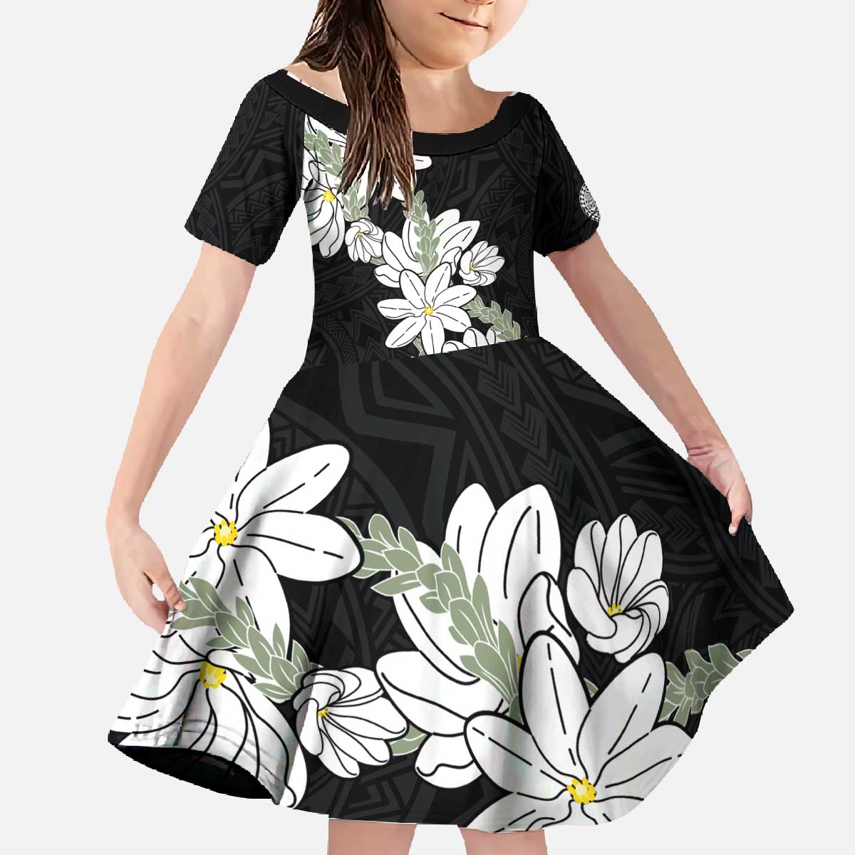 Ia Orana Tahiti Tiare Family Matching Off The Shoulder Long Sleeve Dress and Hawaiian Shirt Black Lei LT7 Daughter's Dress Black - Polynesian Pride