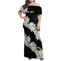 Ia Orana Tahiti Tiare Family Matching Off Shoulder Maxi Dress and Hawaiian Shirt Black Lei LT7 Mom's Dress Black - Polynesian Pride