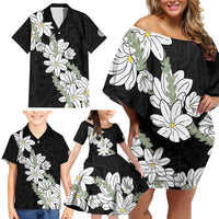 Ia Orana Tahiti Tiare Family Matching Off Shoulder Short Dress and Hawaiian Shirt Black Lei LT7 - Polynesian Pride
